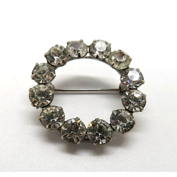 Vintage Rhinestone Circle Brooch 1 Inch Pin Silver Tone Clear Round Crystals - Picture 1 of 12